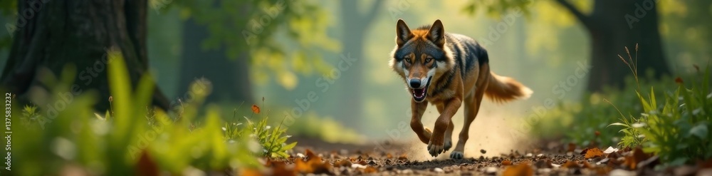 A wild wolf's face is contorted in a fierce howl as it runs through the forest, howl, forest, night A wild wolf's face is contorted in a fierce howl as it runs through the forest, howl, forest, night