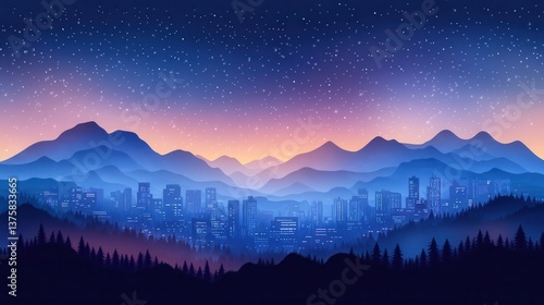 A serene night landscape featuring mountains and a city skyline illuminated under a starry sky, blending nature and urban life in vibrant hues.