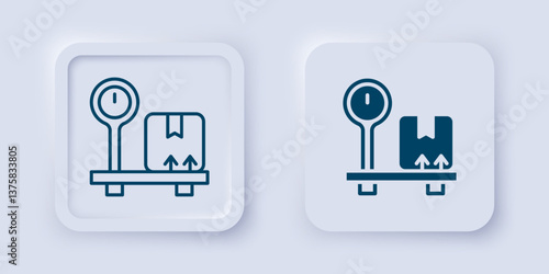 Filled and outline Scale with cardboard box icon isolated on grey background. Logistic and delivery. Weight of delivery package on a scale. Square button. Vector