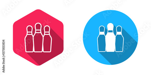 Filled and outline Bowling pin icon isolated with long shadow background. Juggling clubs, circus skittles. Vector