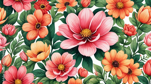 Wallpaper Mural Vibrant floral pattern with colorful flowers on a dark background. Modern, botanical design perfect for backgrounds or decorative themes. Torontodigital.ca