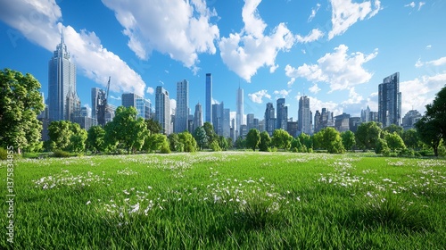 Modern City Skyline and Wildflower Meadow under a Sunny Sky