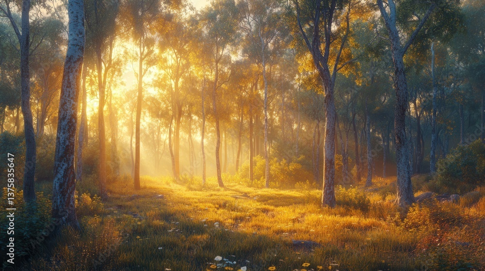 Obraz premium A serene forest scene illuminated by golden sunlight filtering through tall trees, creating a peaceful and warm atmosphere.