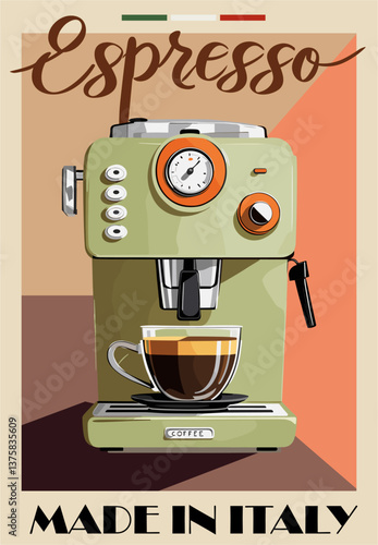 Retro coffee poster with vintage Espresso coffee machine. Cafe, restaurant wall art, coffee shop sign, vintage ads. Colorful vector illustration in mid century modern style