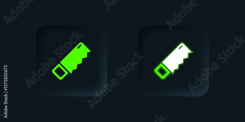 Green Hand saw icon isolated on black background. Black square button. Vector