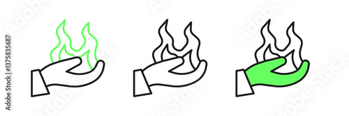 Set line Hand holding a fire icon isolated on white background. Vector