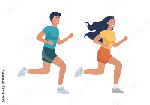 Vector running man and woman. Flat design. Isolated on a white background