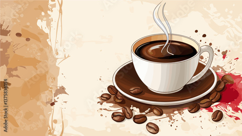 Banner with A white coffee cup with brown rim sits on saucer, filled with steaming hot coffee. The coffee is surrounded by small coffee beans, giving the impression of freshly brewed cup of coffee