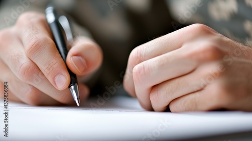 Military personnel signing a document in a focused manner during a training session at a military base