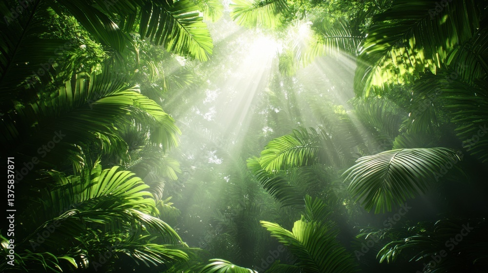 Obraz premium Lush green foliage illuminated by sunlight filtering through the trees, creating a serene and vibrant atmosphere in a dense forest.