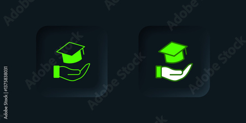Green Education grant icon isolated on black background. Tuition fee, financial education, budget fund, scholarship program, graduation hat. Black square button. Vector