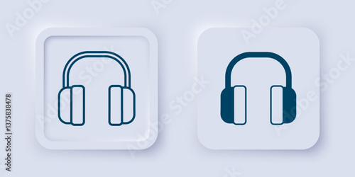 Filled and outline Noise canceling headphones icon isolated on grey background. Headphones for ear protection from noise. Square button. Vector
