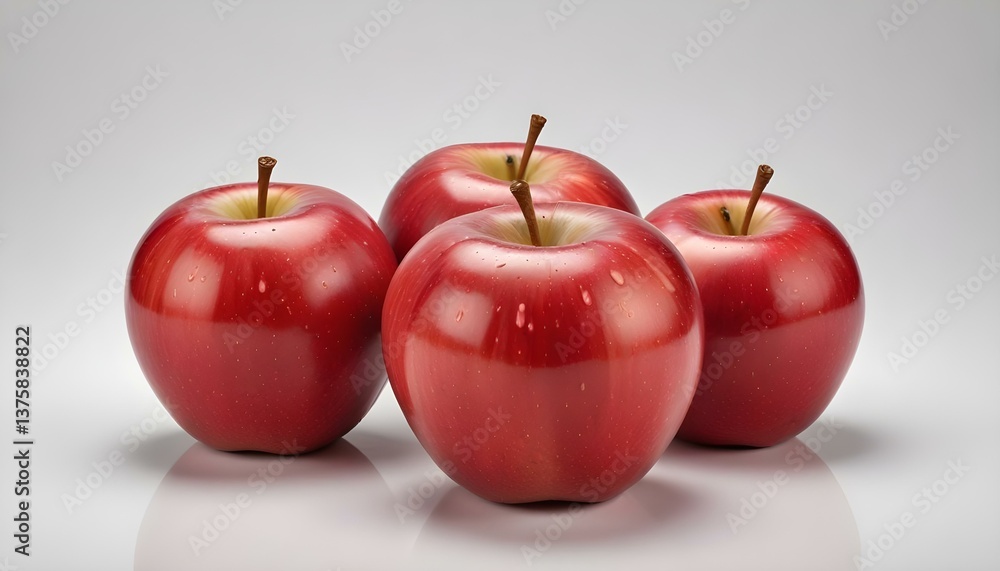 Three red apples with small white spots are arranged closely together on a white background Three red apples with small white spots are arranged closely together on a white background