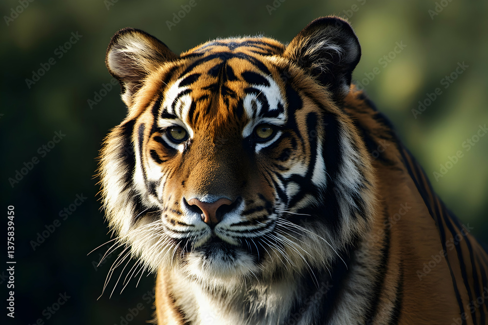 Fototapeta premium Close-up of a Bengal tiger with intense gaze, showcasing strength, wild beauty, and endangered wildlife in natural habitat.