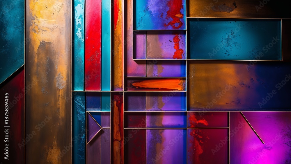 Fototapeta premium Modern Geometric Abstract Background with Metallic Panels, Red, Blue and Copper Accents