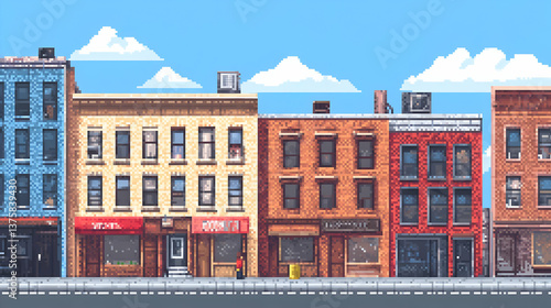 Pixel Art Style Depicts Colorful City Street Buildings Under A Blue Sky With Clouds With Varied Architecture During Daytime