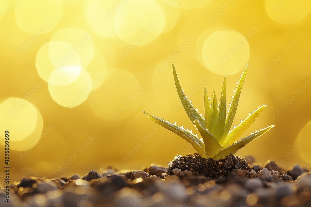 Fototapeta premium A vibrant aloe plant grows with a bright golden background