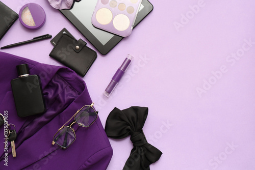 Composition with stylish female accessories, cosmetics, clothes and tablet co...
