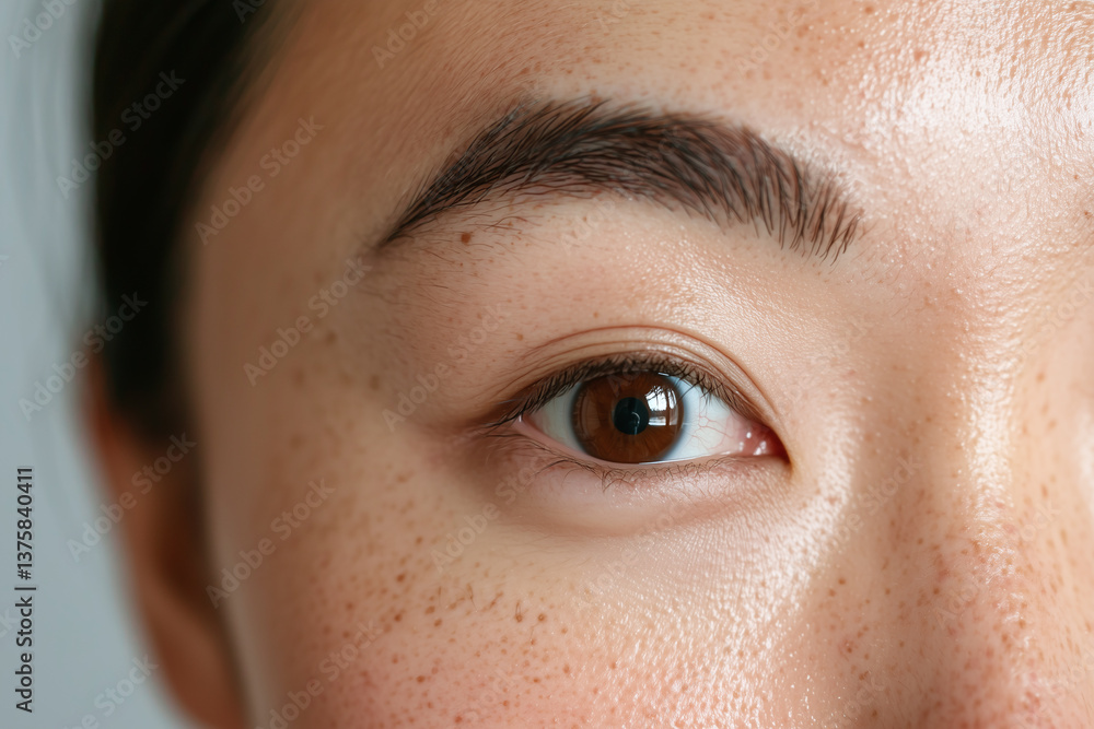 close up of young woman eye, showcasing natural beauty and freckles, with focus on intricate details of iris and skin texture