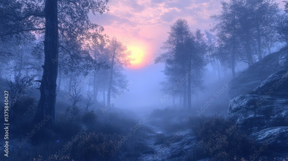 A serene forest scene at dawn, with mist enveloping the trees and a soft sunrise illuminating the path. A serene forest scene at dawn, with mist enveloping the trees and a soft sunrise illuminating the path.