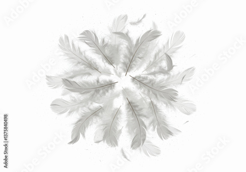 Soft explosion of fluffy white feathers expanding outwards from a central point, captured mid-air, individual feathers frozen in gentle, floating motion, isolated on pure white background