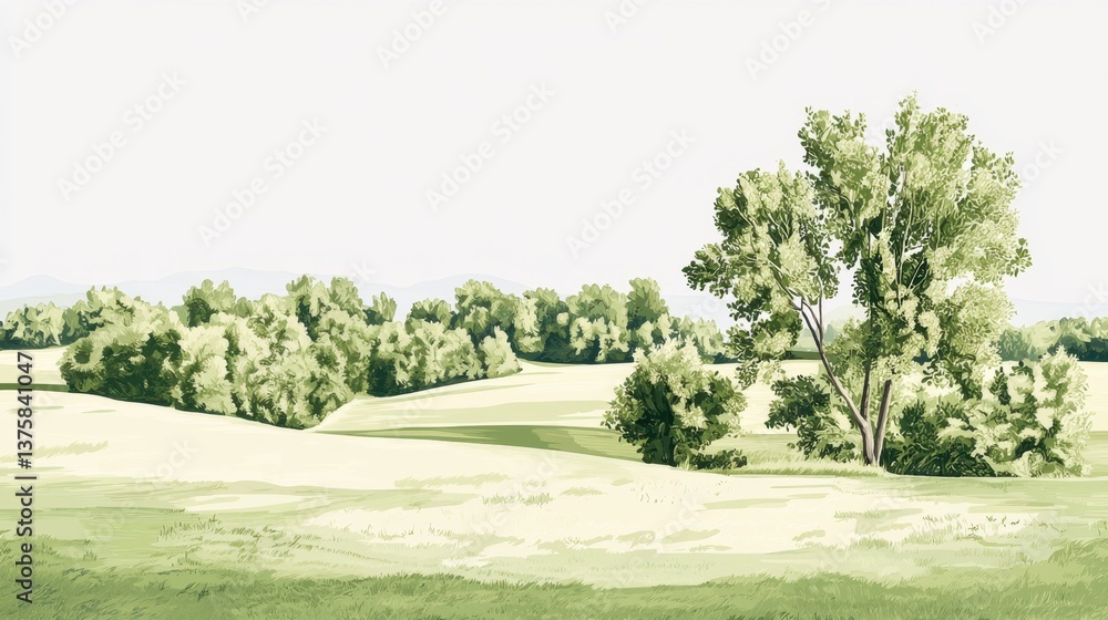 Fototapeta premium Serene Green Landscape with Trees and Rolling Hills in Soft Light
