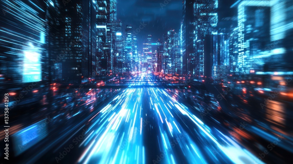 A futuristic cityscape with illuminated buildings and speeding lights A futuristic cityscape with illuminated buildings and speeding lights