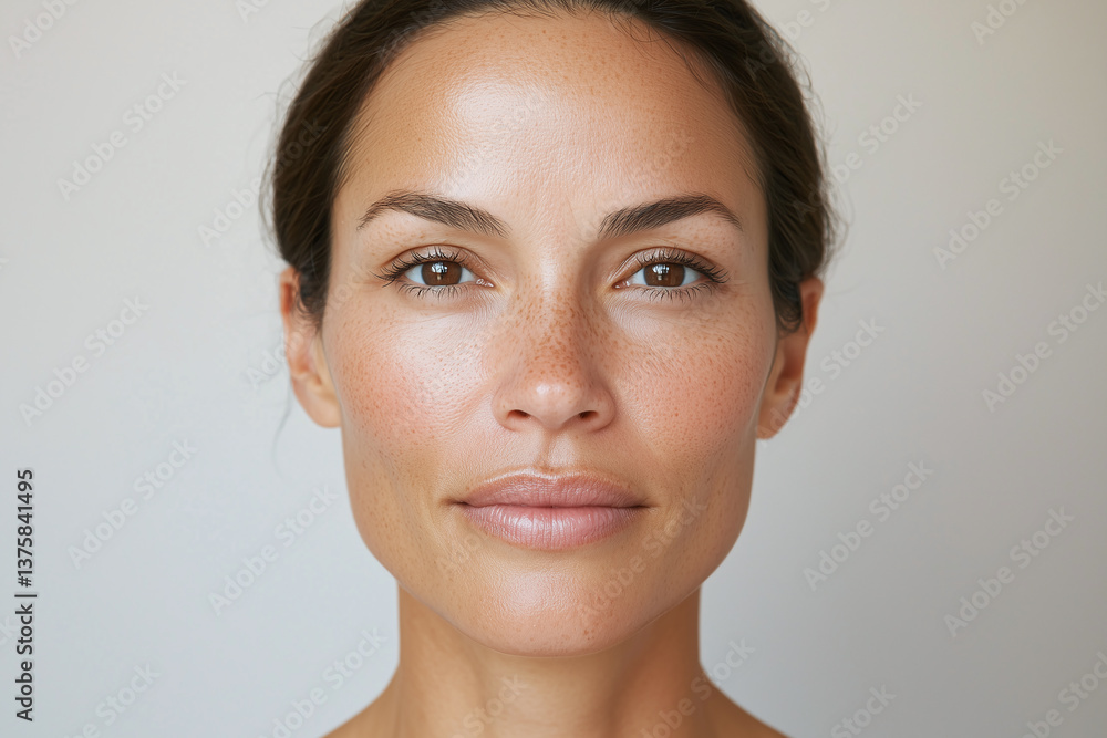 Youthful woman with smooth, glowing skin and natural beauty, exuding confidence and serenity. Her warm expression and clear complexion highlight her features beautifully