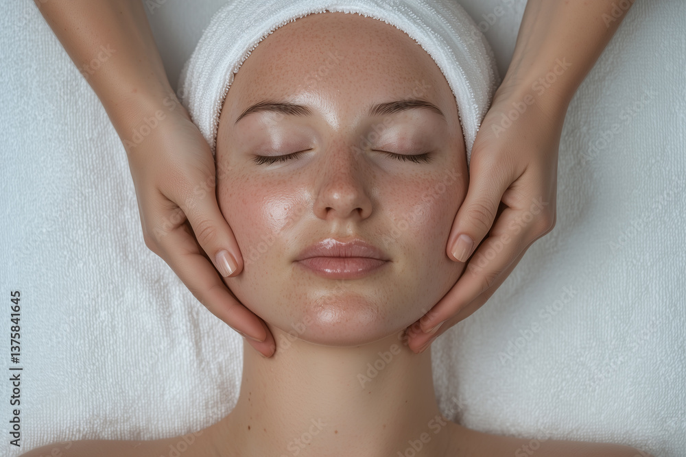young woman enjoys relaxing beauty treatment, with hands gently massaging her face. serene atmosphere enhances her natural glow and tranquility