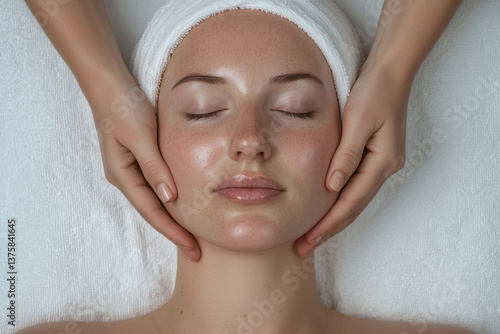 Obraz na płótnie young woman enjoys relaxing beauty treatment, with hands gently massaging her face. serene atmosphere enhances her natural glow and tranquility w salonie