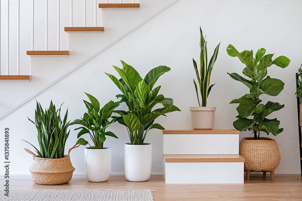 Bright indoor plants arranged on steps in modern home setting, creating fresh and inviting atmosphere. greenery adds life to space, enhancing aesthetic appeal