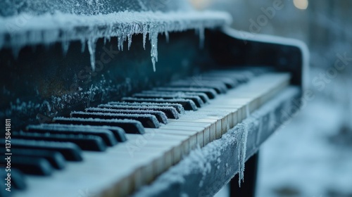 Frozen piano revealed in a winter landscape showcasing nature's beauty and artistic decay in a secluded area