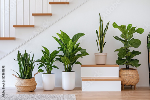 Obraz na płótnie Bright indoor plants arranged on steps in modern home setting, creating fresh and inviting atmosphere. greenery adds life to space, enhancing aesthetic appeal w salonie