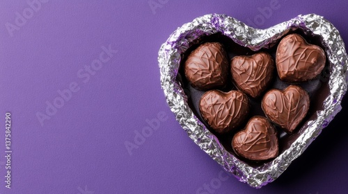 Heart-shaped chocolates displayed in a silver foil box on a purple background for a sweet occasion