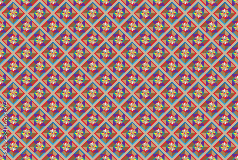 Geometric ethnic pattern oriental design on dark midnight navy background. Traditional geometry abstract with pink, white, yellow, green color for wallpaper handcraft, carpet, clothing, fabric design. Geometric ethnic pattern oriental design on dark midnight navy background. Traditional geometry abstract with pink, white, yellow, green color for wallpaper handcraft, carpet, clothing, fabric design.