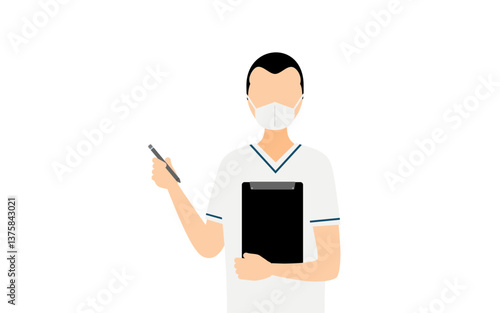 Simple illustration of a male nurse with a broad forehead recording