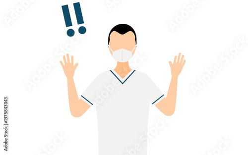 Simple illustration of a wide forehead male nurse raising his hand in surprise