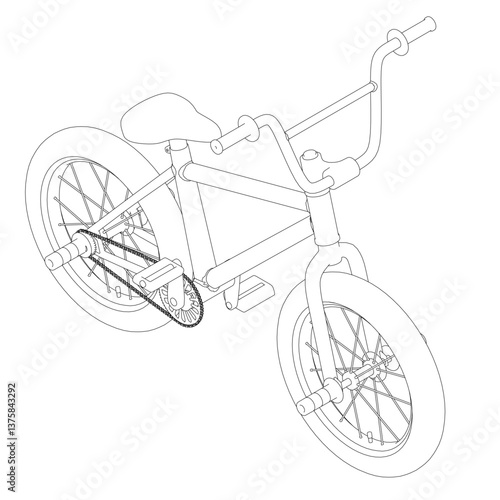 A bicycle with a chain and a seat. The chain is on the ground. The bike is upside down. Isometric view