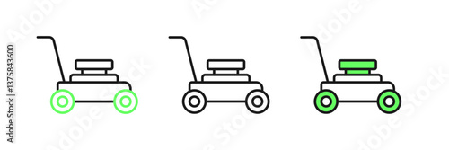 Set line Lawn mower icon isolated on white background. Lawn mower cutting grass. Vector