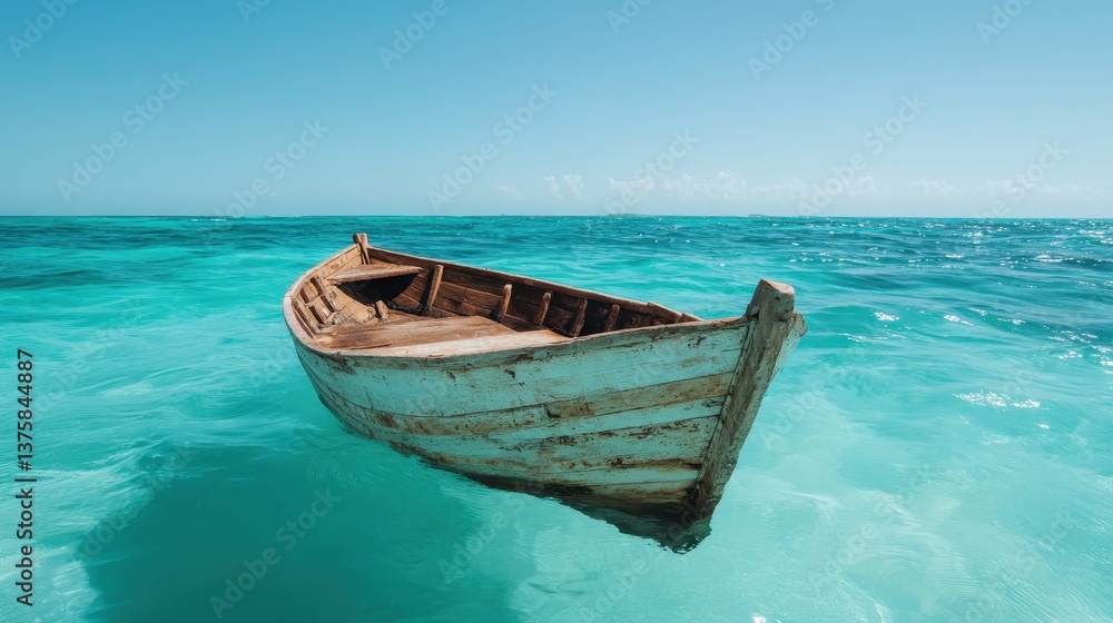 A classic-style wooden boat rests on the crystal-clear blue sea, bathed in sunlight, representing tranquility and inviting dreams of exploration and adventure. A classic-style wooden boat rests on the crystal-clear blue sea, bathed in sunlight, representing tranquility and inviting dreams of exploration and adventure.