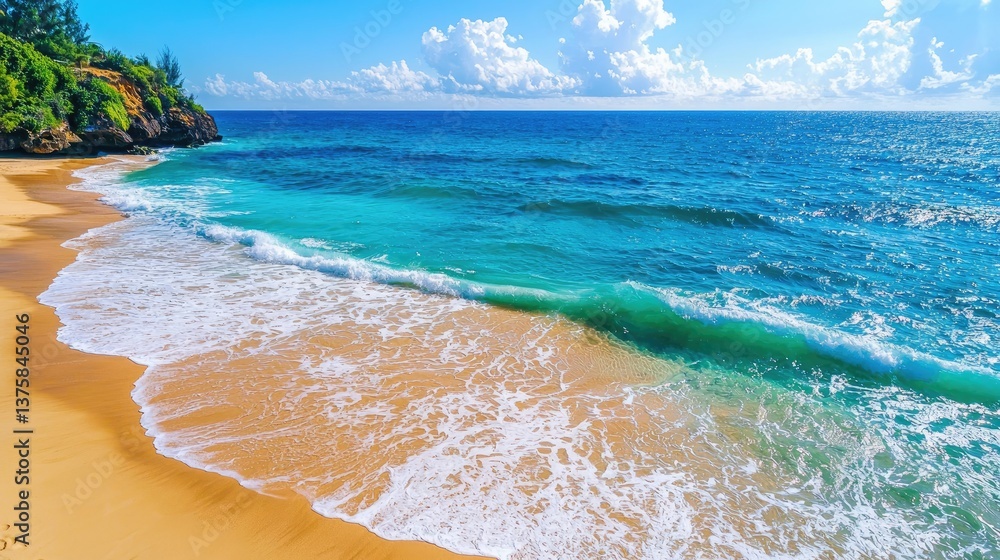 Beautiful beach and crystal clear turquoise ocean waves from above
