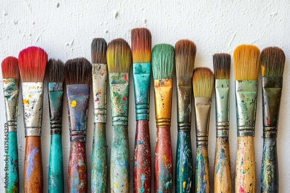 Fototapeta premium Various used paint brushes arranged on a textured white surface