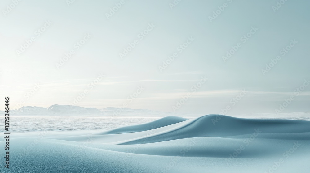 Surreal Arctic Landscape with Rolling Snow Drifts and Distant Mountain Range under a Pale Sky, Background Abstract Winter Serenity Surreal Arctic Landscape with Rolling Snow Drifts and Distant Mountain Range under a Pale Sky, Background Abstract Winter Serenity