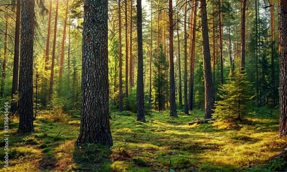 Serene forest landscape showcasing tall pine trees with sunlight filtering through leaves Serene forest landscape showcasing tall pine trees with sunlight filtering through leaves