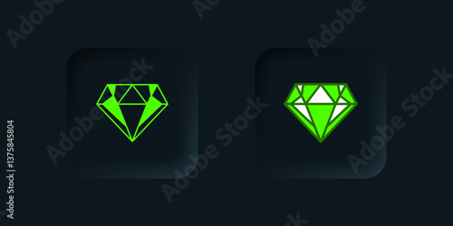 Green Diamond icon isolated on black background. Jewelry symbol. Gem stone. Black square button. Vector
