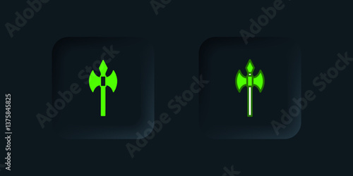 Green Medieval axe icon isolated on black background. Battle axe, executioner axe. Medieval weapon. Black square button. Vector