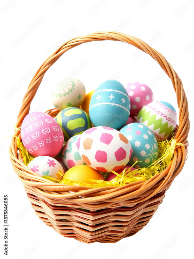 A close-up view of a wicker basket filled with a variety of colorful Easter eggs A close-up view of a wicker basket filled with a variety of colorful Easter eggs