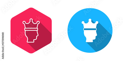 Filled and outline King crown icon isolated with long shadow background. Vector