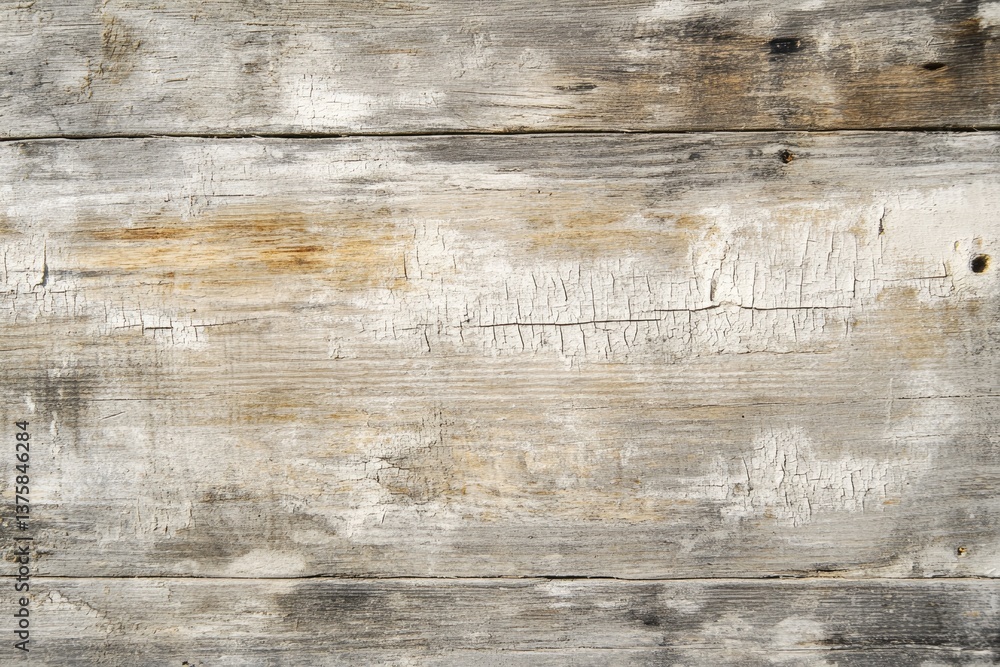 Naklejka premium Weathered gray wood planks with cracked paint, showing texture and age.
