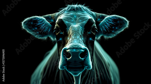 Luminescent Cow Portrait: Striking Blue Glow in a Dark, Mysterious Setting